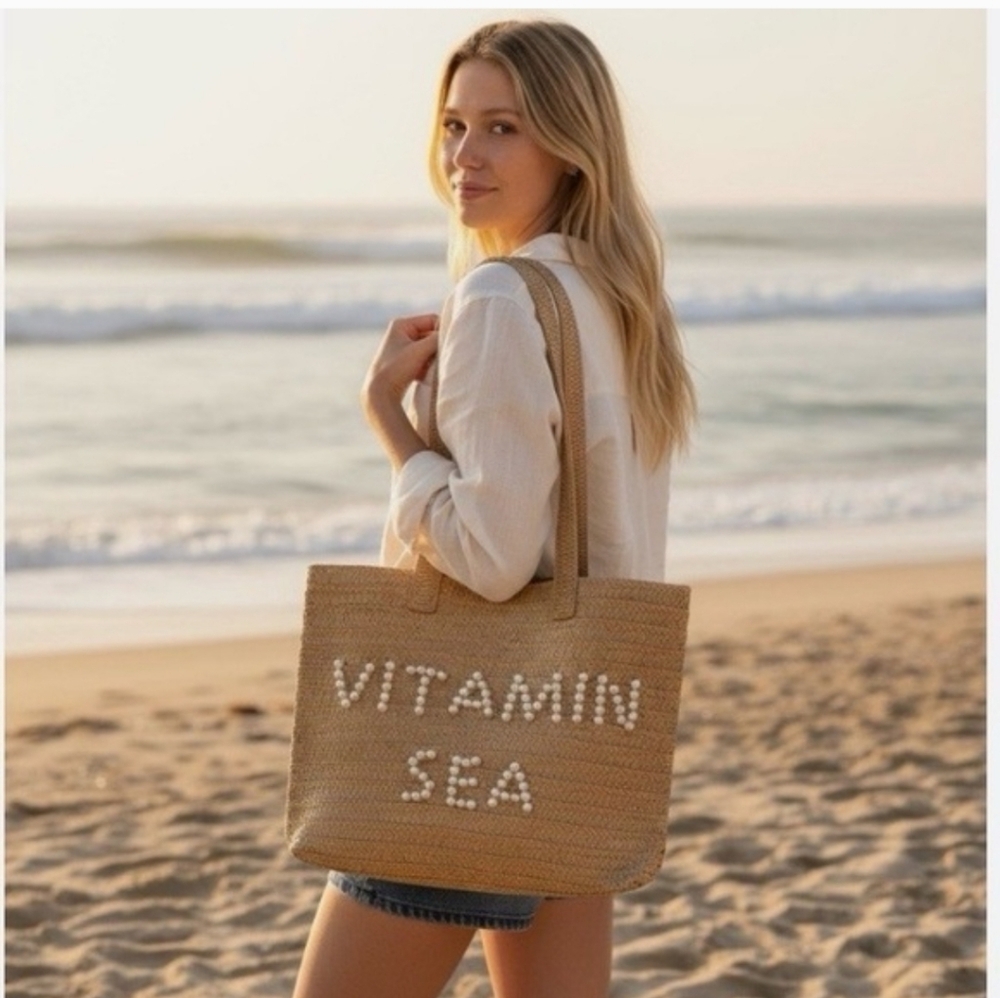 NWT Urban Expressions “Vitamin Sea” Woven Beach Tote Bag Pearl Lettering